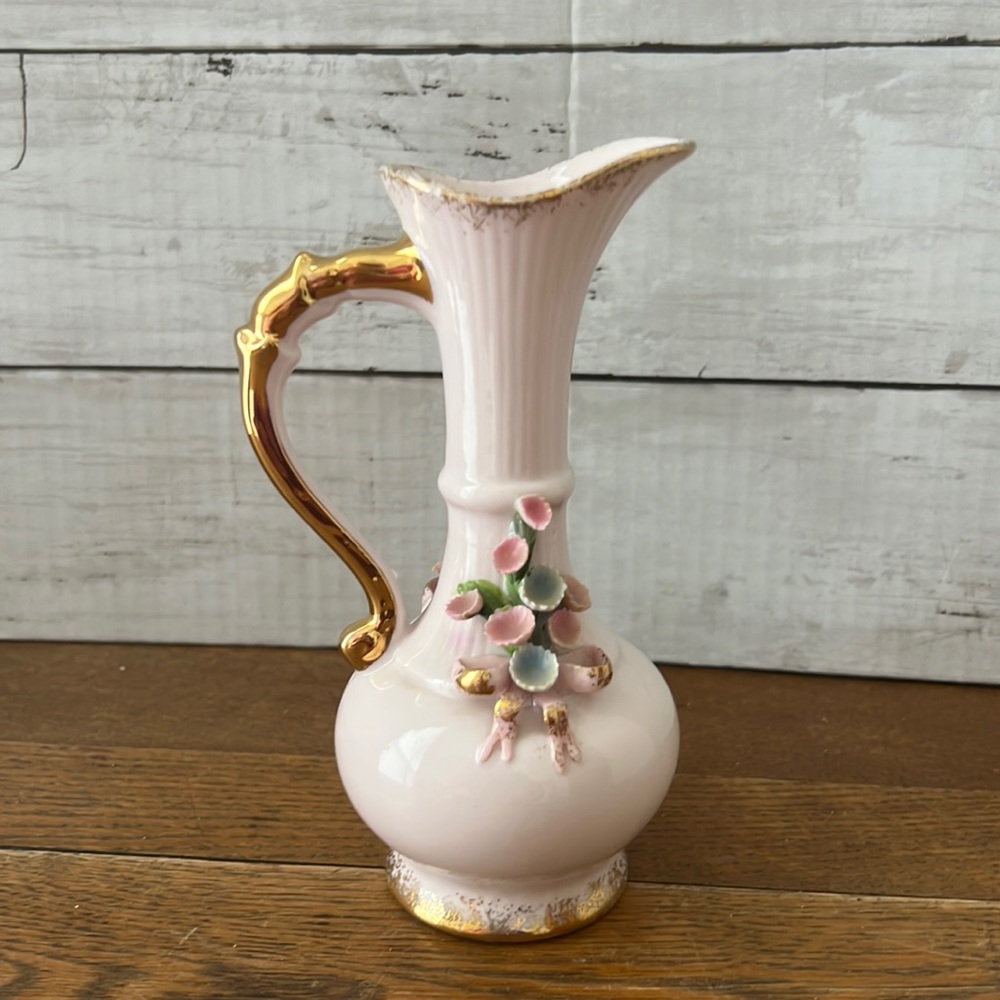 Vintage Pink Lefton China Vase - Hand Applied Flowers - Hand Painted Porcelain